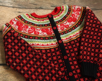 Pure wool red-black cardigan for girl, Lopapeysa kids, Girls cardigan with Fair Isle Yoke, Cardigan for children, Lopapeysa kids