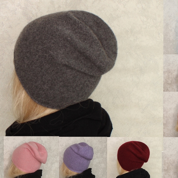 Bonnet en cachemire gris, chapeau bonnet Slouchy, chapeau en cachemire Vert Bleu Noir Marron Beige, 100% Cachemire Loro Piana