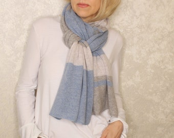 Grey cashmere scarf, Blue cashmere scarf Gray cashmere shawl , Color block scarf, Multicolor shawl Scarf in gift box 100% cashmere scarf