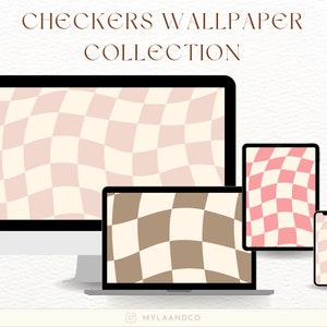 May include: A collection of digital checkerboard wallpapers in pink, brown, and white. The wallpapers are shown on a desktop computer, laptop, tablet, and phone.
