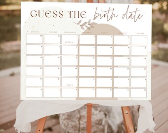Digitaal doe-het-zelfproduct // Flora Boho Babyshower Guess Baby Due Date, Genderneutrale babyshower, Guess Baby's geboortedatum kalender