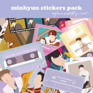 Peut inclure: Un ensemble d'autocollants colorés avec des illustrations d'une personne, d'une cassette et d'une disquette. Les autocollants présentent divers motifs et textes, dont "minhyun stickers pack" et "universe". Le fond est un mélange de rose, de violet et de jaune.