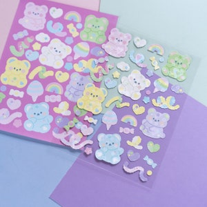 Folha de adesivos de algodão doce pastel Darekuma Bear Kiss-Cut da mintymentaiko Adesivos para diário com marcadores, adesivos para planejadores, adesivos para cadernos