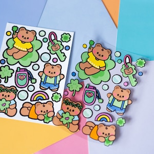 Geschetst Darekuma beer en klavertje stickervel door mintymentaiko Bullet Journal Stickers, plannerstickers, notebookstickers