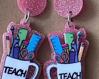 Teacher Earrings: Glitter Pink Cup, School Supply Dangles