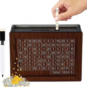 Wooden Savings Box S/.1000 Savings Challenge Box, Wooden Cash Savings Box with Money Target and Numbers,Piggy Bank for Adults Kids