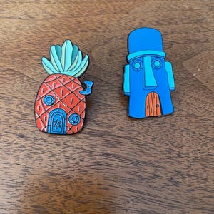 SpongeBob SquarePants characters, pineapple house, tiki head house, SpongeBob and friends, metal pins, durable pins. character pins