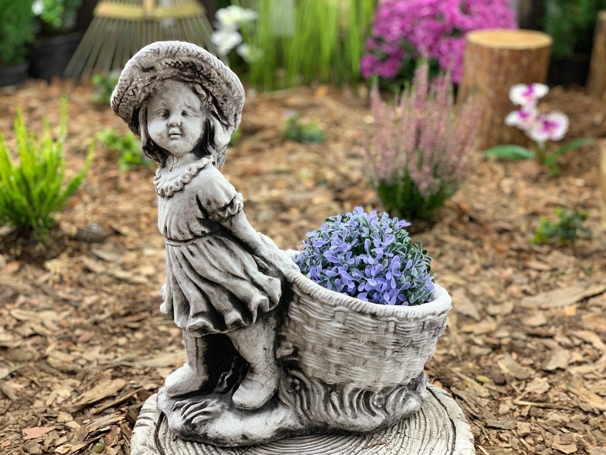 Girl With Basket Concrete Statue Garden Figure Stone Flower Etsy