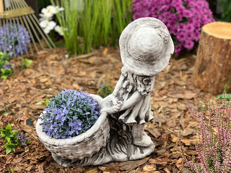 Girl With Basket Concrete Statue Garden Figure Stone Flower Etsy