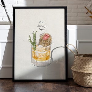 Relaxing Monkey Bar Cart Art, Stylish Printable Wall Decor, Cheers Poster, Drinks Digital Download