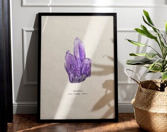 Amethyst crystal Printable Wall Art, Crystal Digital Art Print, Gems Mineral watercolor Poster, Boho Decor, Gem art