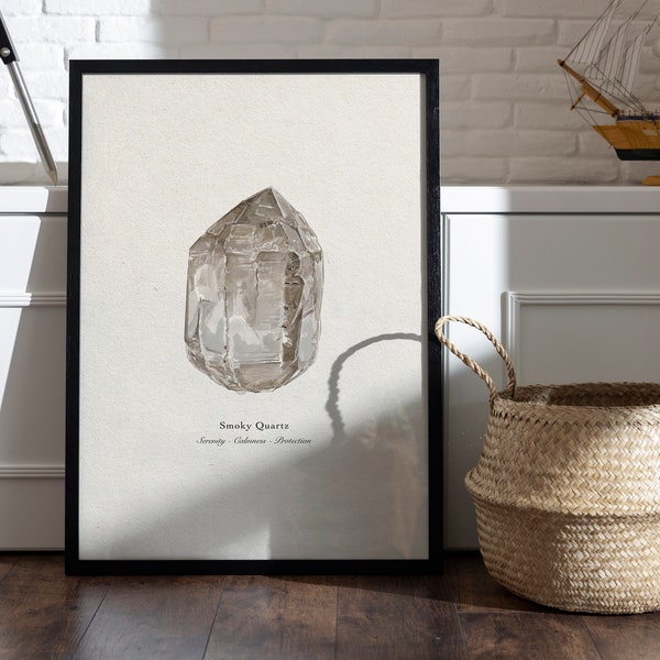 Smoky Quartz crystal Printable Wall Art, Crystal Digital Art Print, Gems Mineral watercolor Poster, Boho Decor, Gem art