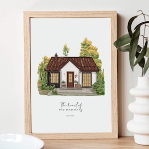 以下が含まれることがあります： 家のイラストが描かれた額入りのアートプリント。家は茶色の屋根、白い壁、茶色のドアです。アートワークは緑の木々に囲まれ、「The heart of our memories 2011 2025」と書かれています。