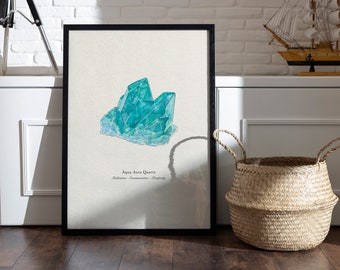 Dale glamour a tu espacio: arte de pared imprimible con cristal de cuarzo Aqua Aura, póster de minerales gemas, decoración de piedra de nacimiento boho