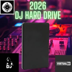 May include: A rectangular black external hard drive positioned centrally. The text 2026 DJ HARD DRIVE appears in light green above the device. A small logo with a stylized DJ figure and the text VIRTUAL DJ are visible in the corners.