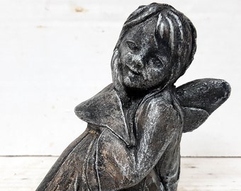 Girl Sprite in Stone  4.5 in.(11 cm.) Fairy-like Entity Stone Sculpture Garden Art AvtechStoneGallery