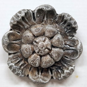 May include: A detailed, silver-toned metal floral embellishment. The decorative piece features a layered flower design with textured petals and a frosted appearance, suitable for crafts or decor.