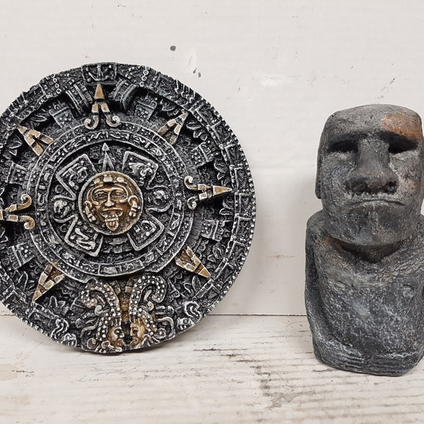 Aztec Calendar, 7 in.(18 cm), and Rapa Nui Moai Statue,  6 in.(15 cm), Set of two, Easter Island,  Combined shipping pac, AvtechStoneGallery