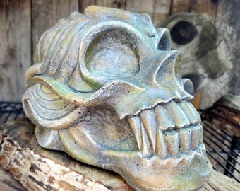Alien Skull, Concrete Skull, 11 inch, Garden Art, Halloween Skull, Ancient Skull Prop, Extra Terrestrial Skull, Predator Skull