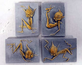 Pixie Plaques, Set of 4 Pixies, British folklore,  Celtic Pixie, Mythical Creatures, Girl Pixie, Boy Pixie, Gothic Art,  AvtechStoneGallery