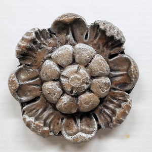 May include: A detailed, weathered, flower-shaped decorative element. The piece is primarily brown with white accents, giving it a textured, aged appearance. The design features layered petals and a central floral pattern.