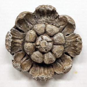 May include: A weathered, stone-like decorative flower with multiple layers of petals. The flower has a textured surface with shades of gray, brown, and white. The design is reminiscent of a classic floral motif, suitable for home decor.