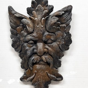 Michelangelo Greenman, Concrete Greenman, 12 in. (21 cm) Gothic Medieval Greenman Stone Leaf Face Sculpture, avtechstonegallery