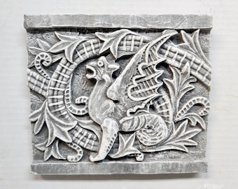 Griffin Tile,  7 in (17cm) wide, Gothic Stone Art, 3-D Sculpture,  3-D Griffon,  Gryphon Gargoyle, AvtechStonegallery