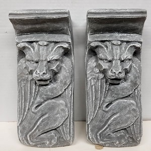 Dog Faced Gryphon Shelf, Set of 2, 10 in. (26 cm)  Gothic Medieval, Gargoyle Stone Sculpture, wall plaque, avtechstonegallery