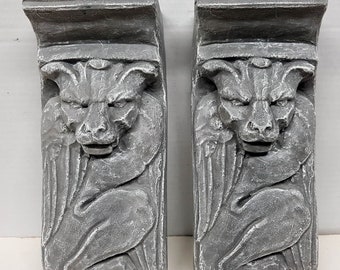 Dog Faced Gryphon Shelf, Set of 2, 10 in. (26 cm)  Gothic Medieval, Gargoyle Stone Sculpture, wall plaque, avtechstonegallery