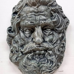Zues, Betongesicht, 29 cm, Gartengesicht, Himmelsgott, griechische Gottheit, Ganymed Liebhaber, Hera und Athena, AvtechStoneGallery
