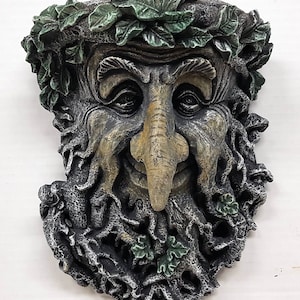 Long Nose Greenman, Concrete Tree Face, 9 in. (23 cm), Leafman Mask, Gothic Face, Green Man, Tree Wood Spirit Face, AvtechStoneGallery.