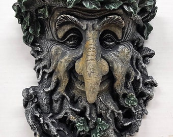 Long Nose Greenman, Concrete Tree Face, 9 in. (23 cm), Leafman Mask, Gothic Face, Green Man, Tree Wood Spirit Face, AvtechStoneGallery.