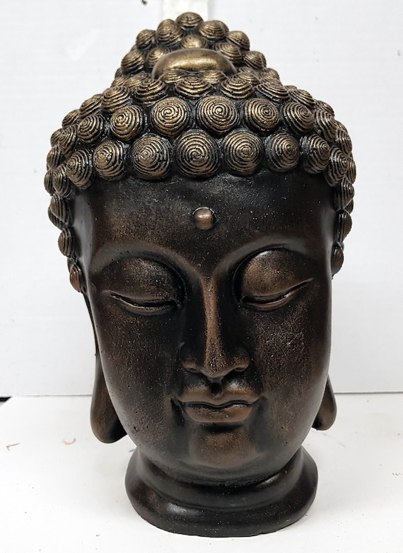 マツ　仏教美術　古銅鍍金　仏頭　仏像　木製台付　D R4397C 仏頭、9 インチ (23 cm)、コンクリート製仏像、ゴータマ・シッダールタ
