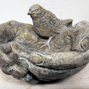 Hand Bird Feeder, (10 in. 25 cm), Concrete Bird Feeder,  Mini Birdbath, Water Ornament, Birdseed Holder, Avtechstonegallery