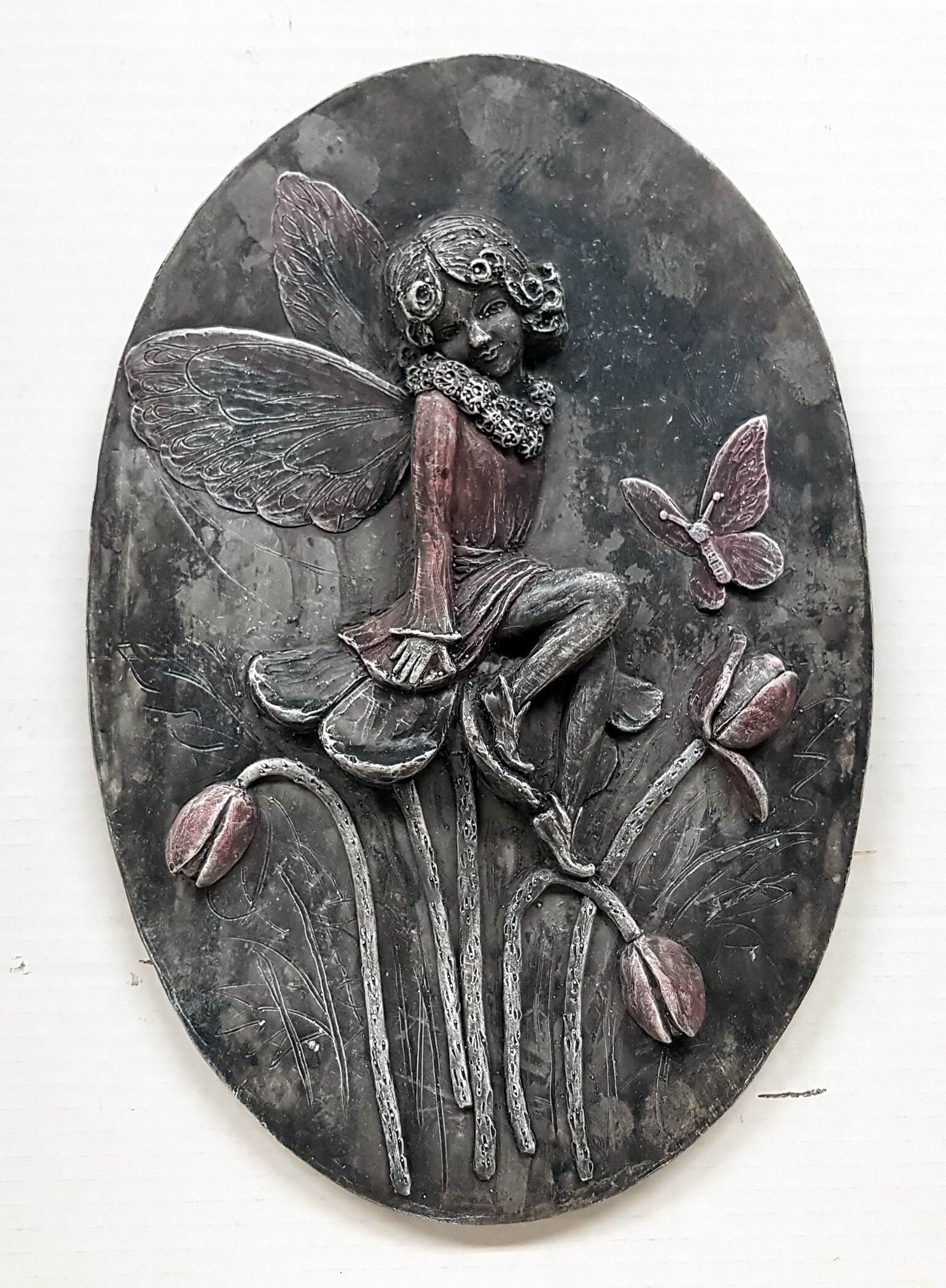 Fairy Resting, Oval Fairy Plaque, Fairies and Mushrooms, 12 in. (30 cm), Stone Sculpture, wall plaque, Avtechstonegallery