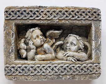 Cherubs Tile, 5.5 in (14 cm), 3D Plaque, Angels Wall Sculpture, Garden Ornament, Home Decor, Avtechstonegallery