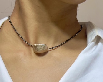 Black Spinel & Golden Pearl Beaded Necklace - 16”