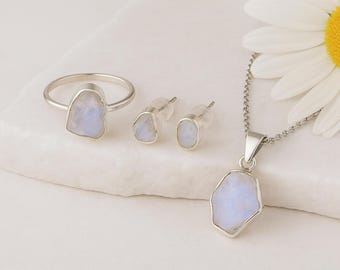 Raw Rainbow Moonstone Jewelry Set: Sterling Silver Ring, Pendant & Earrings