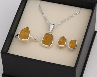 Raw Citrine Jewelry Set: Sterling Silver Ring, Pendant & Earrings