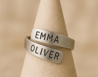 Personalized Sterling Silver Wrap Ring – Custom Hand Stamped Adjustable Ring