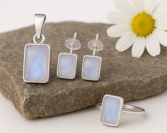Raw Moonstone Jewelry Set: Sterling Silver Ring, Pendant & Earrings