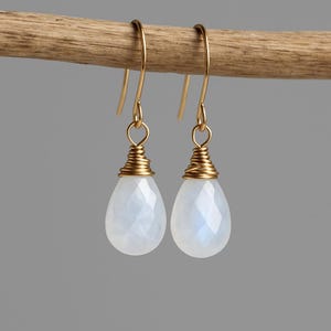 Gold Wire Wrapped Rainbow Moonstone Earrings: Handmade Teardrop Dangles