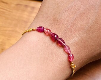 Handmade Rubellite Gemstone Bracelet: Pink Tourmaline Teardrops, Adjustable
