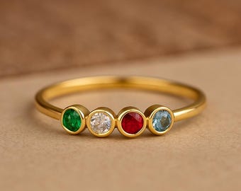 Sterling Silver Family Birthstone Ring: Dainty Stackable Heart Gemstones