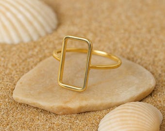 14K Solid Gold Minimalist Ring: Rectangular Geometric Statement