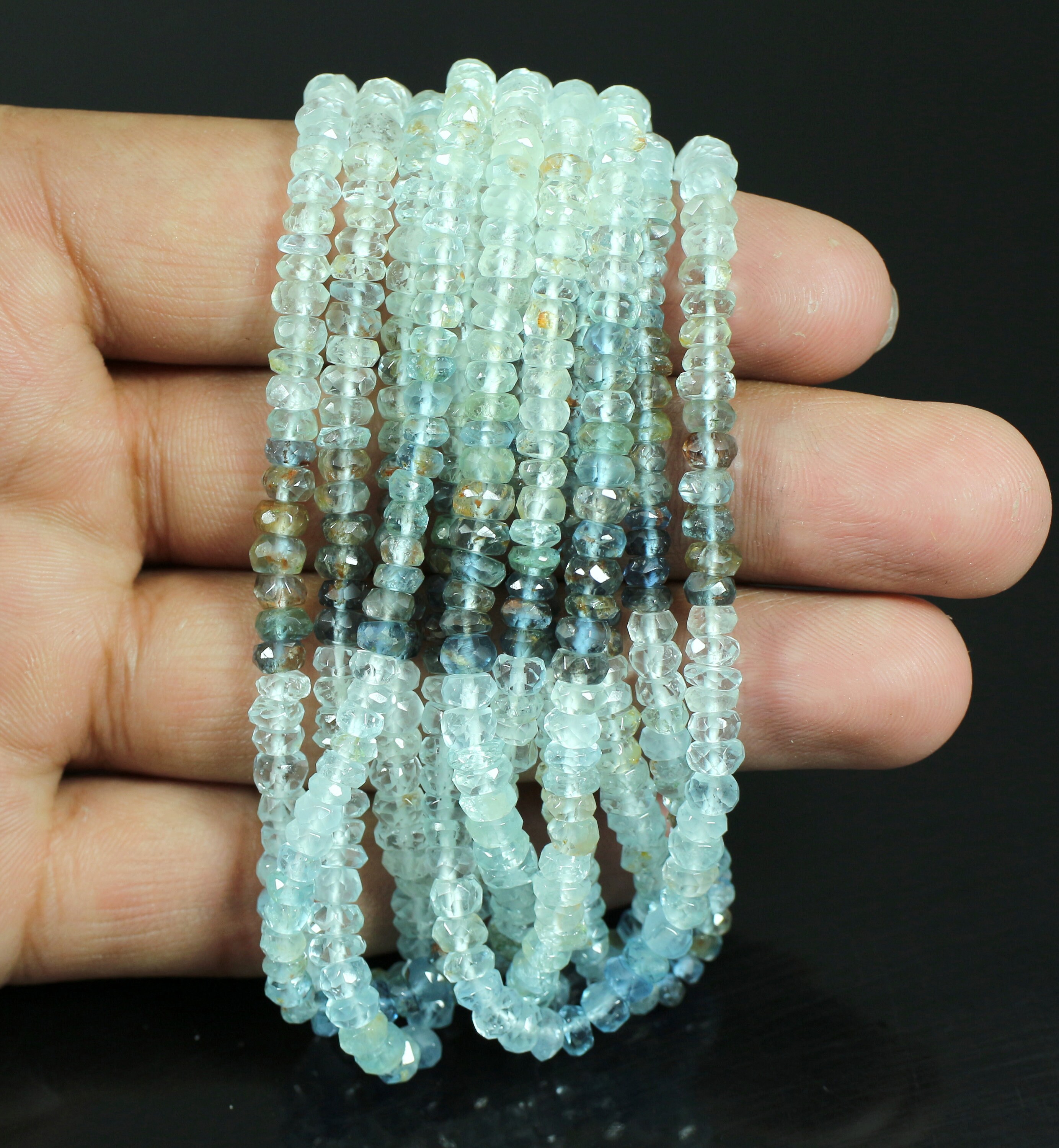 Natural Faceted Blue Aquamarine Gemstone Rondelle Beads – 15 Strand Loose – Center-Drilled – Nickel-Free