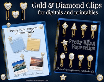 Encantos de imágenes prediseñadas digitales de oro diamante, Bling para planificadores, cuadernos y diarios de iPad y Android