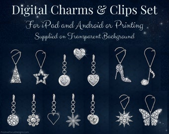 Adornos digitales de plata con diamantes: Decoraciones para agendas (PNG, Goodnotes, PDF)