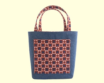 Patriotic Small Tote Bag Denim Mini Tote with Pockets USA Proud Cotton Lined Handbag for 250 Anniversary July 4th American Independence Day